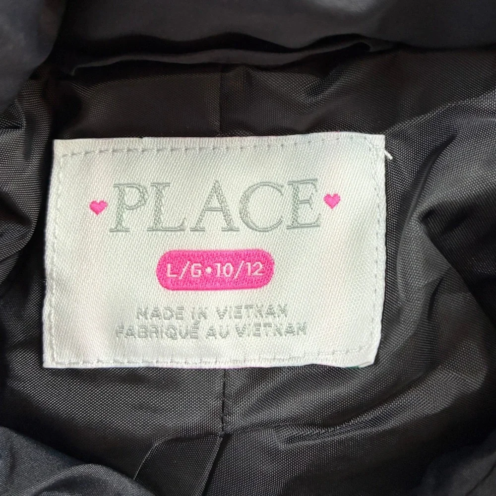 NWT The Childrens Place Kids Black Puffer Jacket Water Resistant Size L 10/12